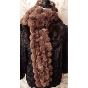 100% Rabbit Fur Brown Pom Poms Scarf  NWOT